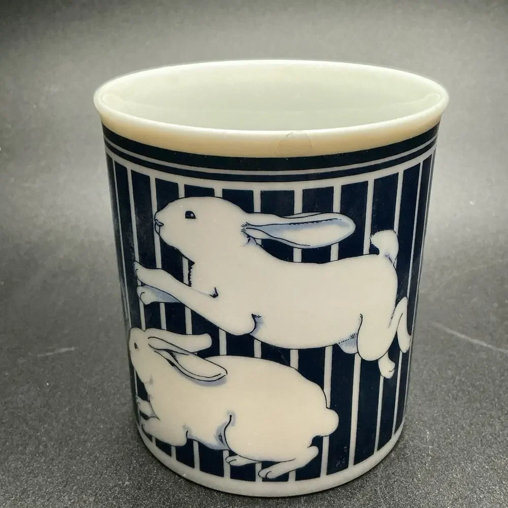 Curzon Running Easter Rabbit Ceramic Coffee Mug Blue‎ & White Stripes, Vtg.